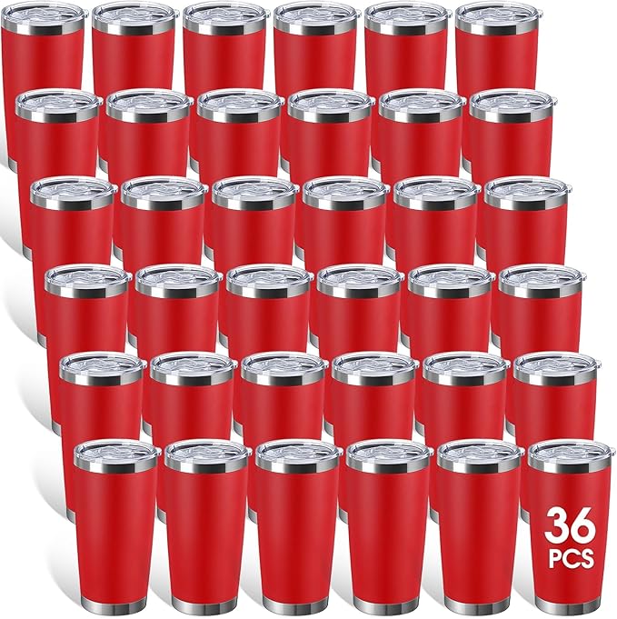 Sieral 36 Pack Stainless Steel Tumblers Bulk with Lids Double Wall Vacuum Insulated Coffee Cups Blank leakproof Powder Coated Tumblers for Engraving Wedding Graduation Party Favors(20 oz,Red) by Sieral