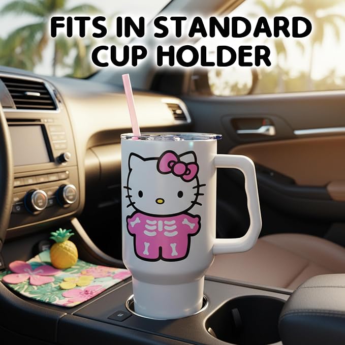 Silver Buffalo Sanrio Hello Kitty Halloween Spooky Skeleton Costume Double Walled Stainless Steel Tumbler with Handle and Straw, Fits in Standard Cup Holder, 40 Ounces - Image 6