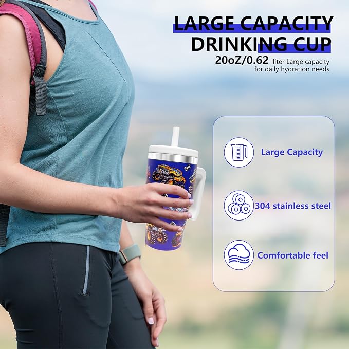 2PCS 20-OZ Insulated Water Bottle,Insulated Stainless Steel Tumbler,Reusable Cold Drink Thermos,BPA-Free, Double-Wall Stainless Steel Water Bottle (Dark blue-Monster trucks, 20, Fluid Ounces) - Image 4