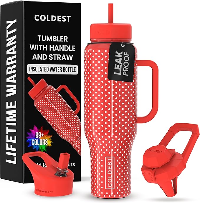 Coldest Tumbler with Handle and Straw - 100% Leak Proof Insulated Tumbler with Lid and Straw (3 Lids) - Stainless Steel Tumblers for Women & Men - Cup Holder Friendly Base, 46 oz (Red Dress) by Coldest