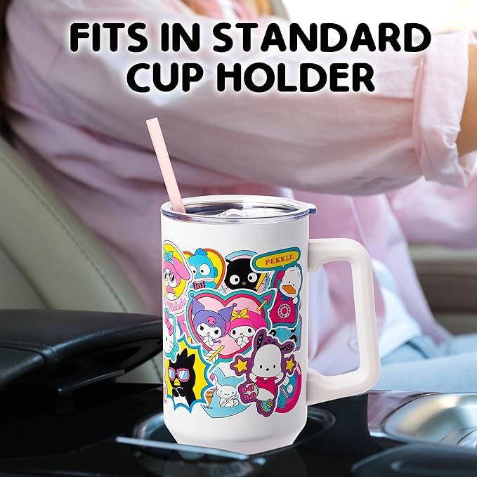 Silver Buffalo Sanrio Hello Kitty & Friends Cinnamoroll, Kuromi, Chococat, Badtz-Maru, Keroppi, Sticker Double Walled Stainless Steel Tumbler w Handle and Straw, Fits in Standard Cup Holder, 40 Ounces - Image 5