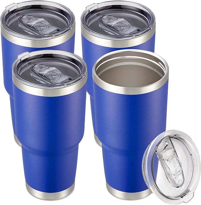 30 oz Tumbler with Lid Stainless Steel Tumblers Bulk Vacuum Insulated Cup Reusable Powder Coated Travel Mug Double Wall Leak Proof Cups Keep Cold Drinks for 12 Hours Blue, Set of 4 by CoolYoleb
