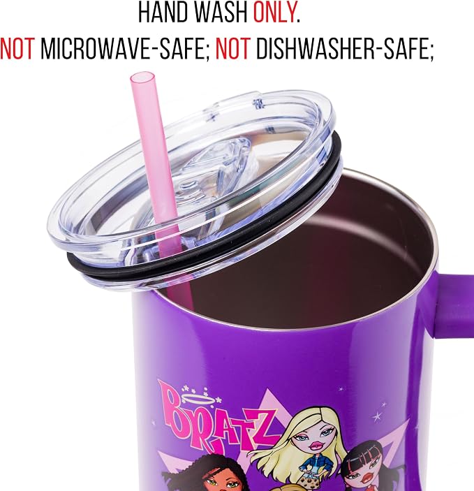 Silver Buffalo Bratz Featuring Cloe, Yasmin, Jade, and Sasha Double Walled Stainless Steel Tumbler with Handle and Straw, Fits in Standard Cup Holder, 40 Ounces - Image 4