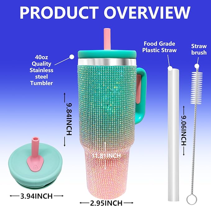40-OZ Insulated Water Bottle,Insulated Stainless Steel Tumbler,Reusable Cold Drink Thermos,BPA-Free, Double-Wall Stainless Steel Water Bottle (Aqua Pink - Diamond, 40, Fluid Ounces, 40, Fluid Ounces) - Image 2