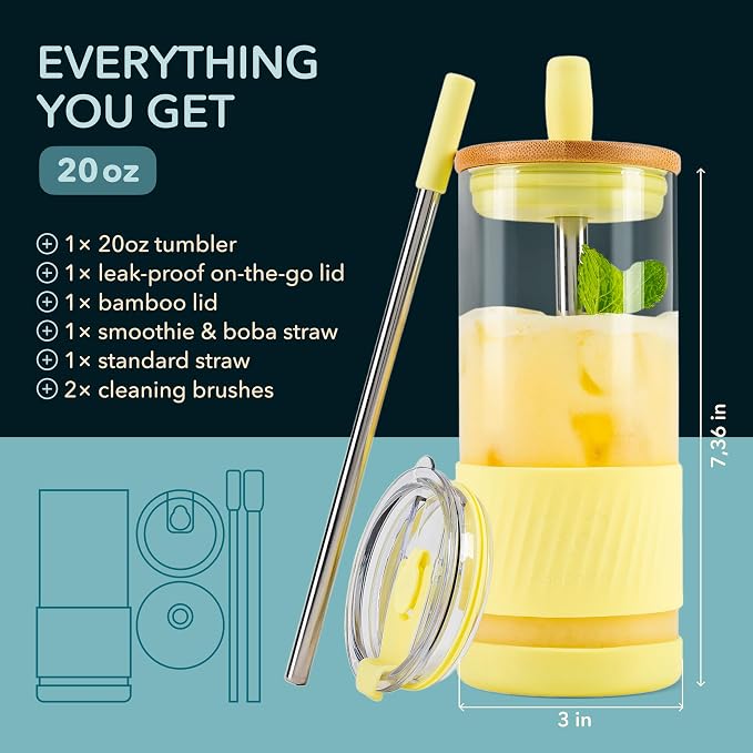 Pandaloo® Glass Cups With Lids and Straws -20 Fl Oz- Perfect Size Iced Coffee Cup - Smoothie Cup With Bamboo Lid and On the go Lid (Sunny Lime, 1 Count (Pack of 1) - Image 2