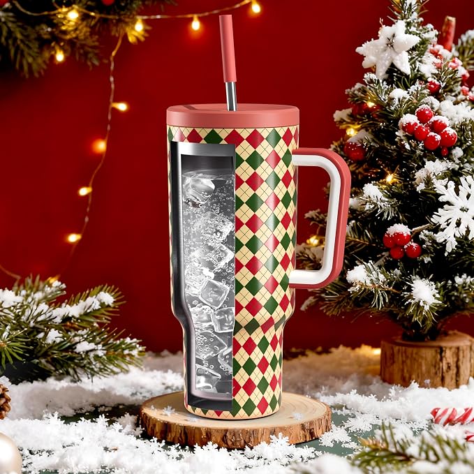 Meoky 40 oz Christmas Tumbler with Handle and Straw, Xmas Tumbler with Lid and Straw, Insulated Stainless Steel Travel Mug, Christmas Gifts for Women Men Adults (Winter Plaid) - Image 2