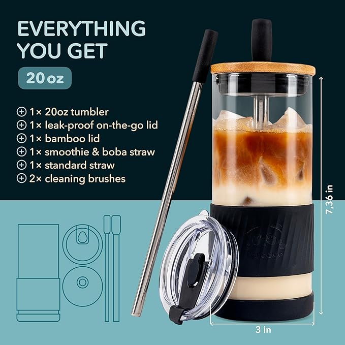 Pandaloo® Glass Cups With Lids and Straws -20 Fl Oz- Perfect Size Iced Coffee Cup - Smoothie Cup With Bamboo Lid and On the go Lid - Glass Tumbler With Straw (1 Count (Pack of 1), Black Saphir) - Image 2