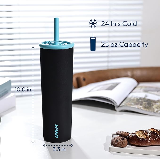 Candy Tumbler, 25 oz Insulated Stainless Steel Water Bottle, 2-in-1 Lid with Flexible Straw, BPA-Free, Cup Holder Friendly, Dishwasher Safe, Dark Black - Image 5