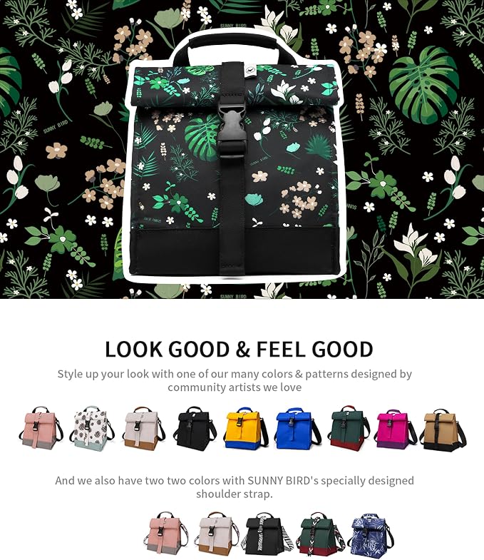 SUNNY BIRD Insulated Lunch Bag Rolltop Lunch Box Tote Bag - Image 7