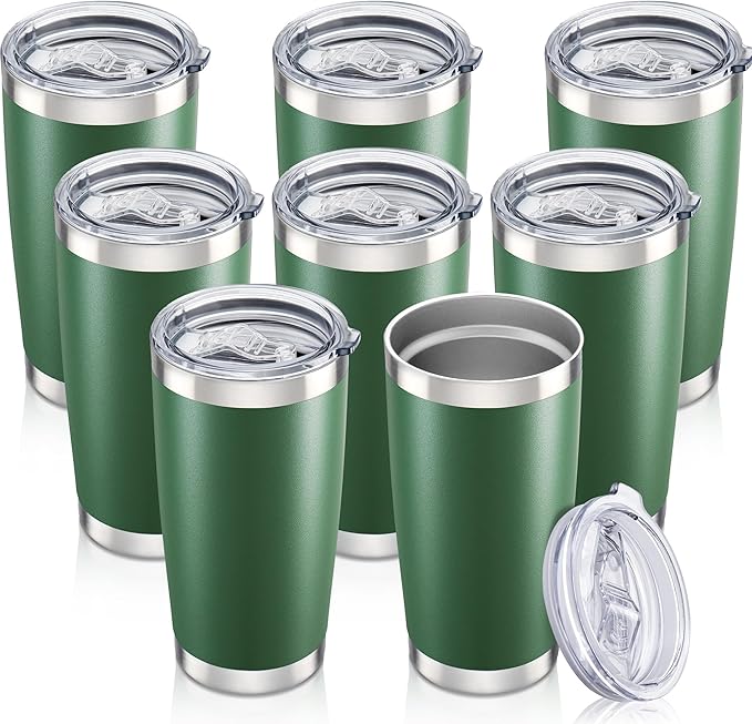 20 oz Tumbler with Lid Stainless Steel Insulated Tumblers Bulk Double Wall Vacuum Cups Powder Coated Travel Mug Keep Drink Cold and Hot, Dark Green, 8 Pack by Orebigo