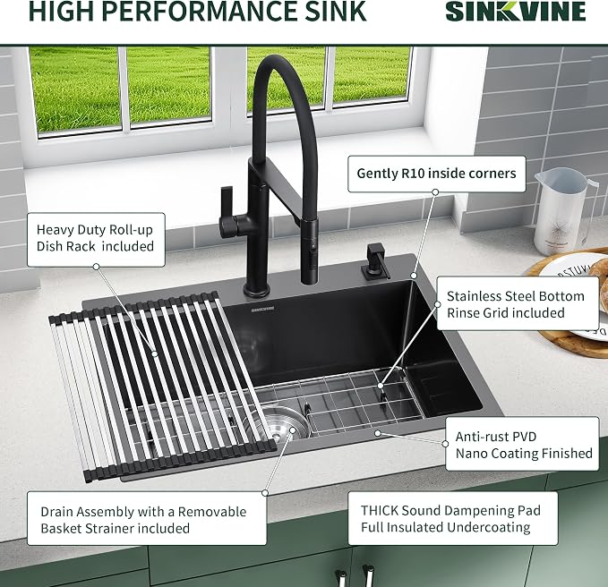 Black Kitchen Sink Drop-In 22 x 18 inch, SINKVINE PVD Nano Stainless Steel Bar - Image 7