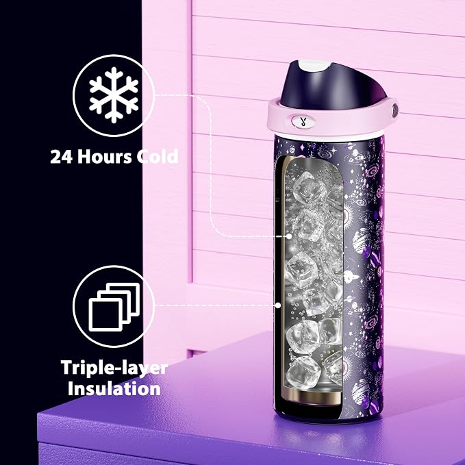 24 oz Insulated Water Bottle for Women: Meoky Stainless Steel Water Bottle with 2-in-1 Straw and Spout Lid - Leak Proof, Cold for 24 Hours, Fits in Car Cup Holder, BPA-Free for Sports Travel, Cosmic - Image 2