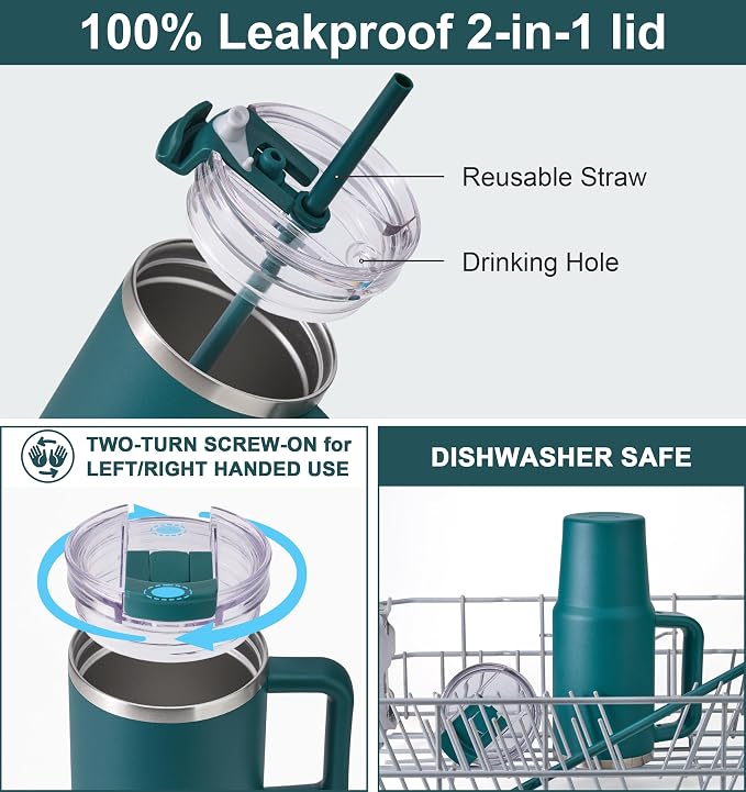 SUNWILL Travel Coffee Mug with Lid, 30 oz Tumbler with Handle and Straw Leak Proof, Stainless Steel Cup Insulated for Office & Camping, Cupholder Friendly, Powder Coated Deep Teal - Image 4