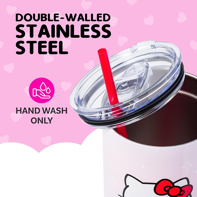 Silver Buffalo Sanrio Hello Kitty Christmas Holiday Dress and Matching Bow Snowflakes Double Walled Stainless Steel Tumbler with Handle and Straw, Fits in Standard Cup Holder, 40 Ounces - Image 4