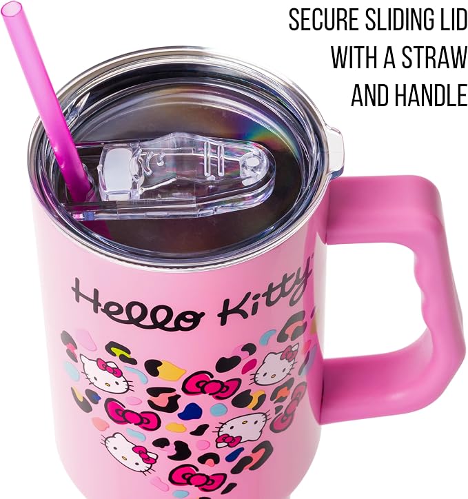 Silver Buffalo Sanrio Hello Kitty Leopard Jungle Cat Print and Bows Heart Double Walled Stainless Steel Tumbler with Handle and Straw, Fits in Standard Cup Holder, 40 Ounces - Image 2