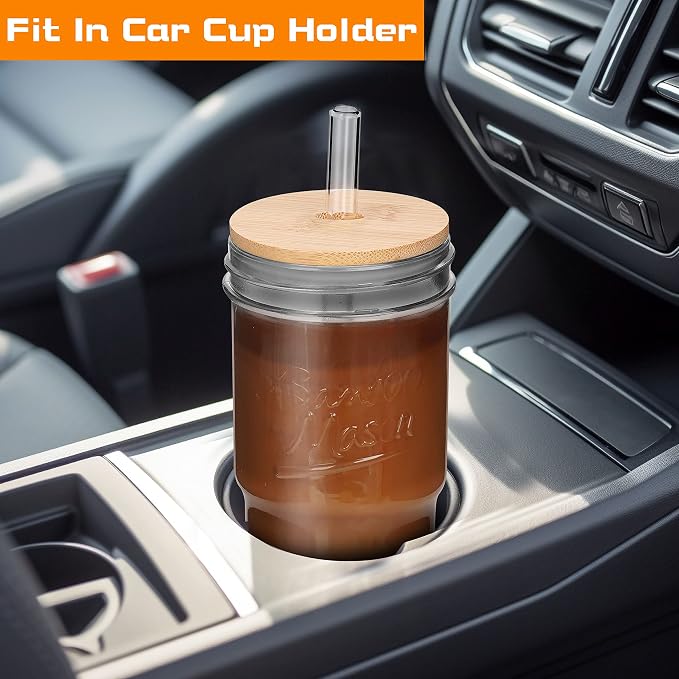 ANOTION Glass Cups with Lids and Straws 2 Packs, 24oz Travel Coffee Mug Wide Mouth Bamboo Mason Jar Iced Coffee Cup Smoothie Cup Glass Tumbler Tea Cup Clear Cute Water Cups Drinking Jars Glasses - Image 3