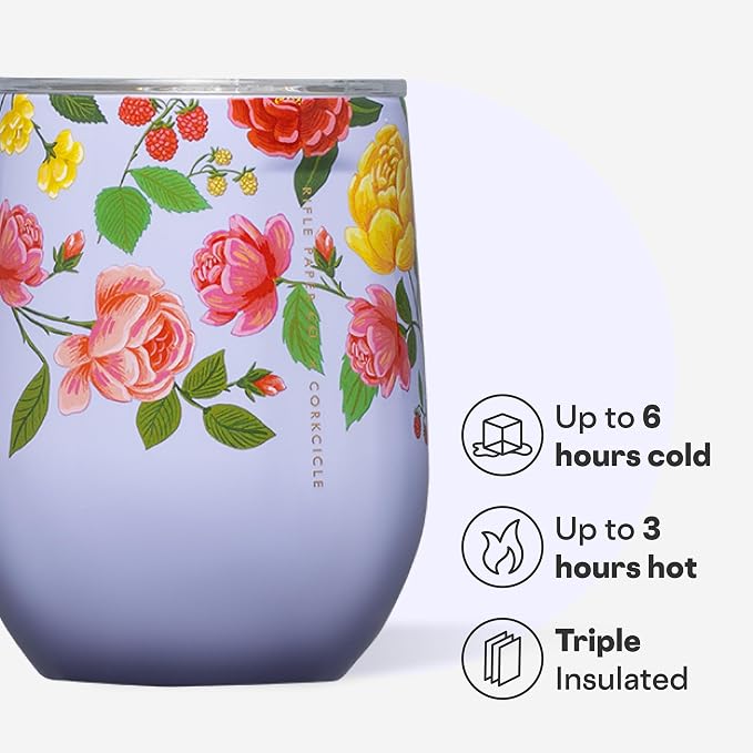 Corkcicle Stemless Insulated Wine Glass Tumbler - Keeps Beverages Cold 6 Hrs Hot 3 Hrs - Stainless Steel - Easy-Grip - Gift for Mom - Great for Mother's Day or Christmas - 12 oz - Roses Purple - Image 3