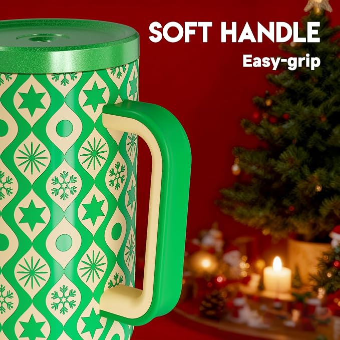 Meoky 40 oz Christmas Tumbler with Handle and Straw, Xmas Tumbler with Lid and Straw, Insulated Stainless Steel Travel Mug, Christmas Gifts for Women Men Adults (Emerald Cheer) - Image 5