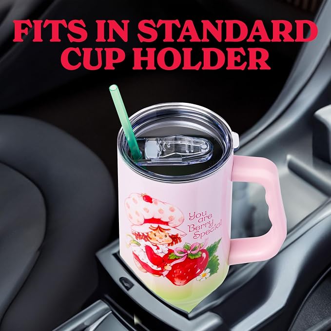 Silver Buffalo Strawberry Shortcake You Are Berry Special Vintage Pink and Green Ombre Double Walled Stainless Steel Tumbler with Handle and Straw, Fits in Standard Cup Holder, 40 Ounces - Image 7
