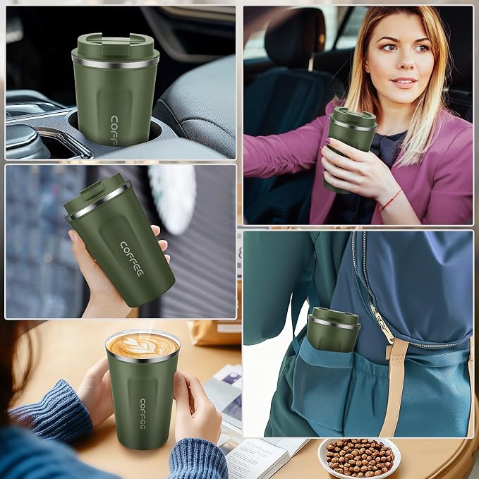 MOMSIV 12oz Travel Mug, Insulated Coffee Cup with Leakproof Lid, Vacuum Stainless Steel Double Walled Reusable Tumbler for Hot and Cold Water Coffee and Tea In Travel and Car Armygreen - Image 7