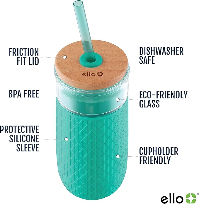 Ello Devon 18oz Glass Tumbler with Straw, Friction Fit Bamboo Wood Lid and Silicone Sleeve | Perfect for Iced Coffee, Tea, and Smoothies - Image 2