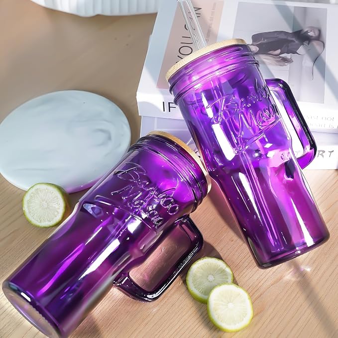 ANOTION Glass Cups with Handle, 24oz Glass Cups with Lids and Straws Travel Coffee Mug Bamboo Mason Jar Iced Cup Smoothie Tea Clear Cute Water Drinking Jars Glasses, Purple - Image 3