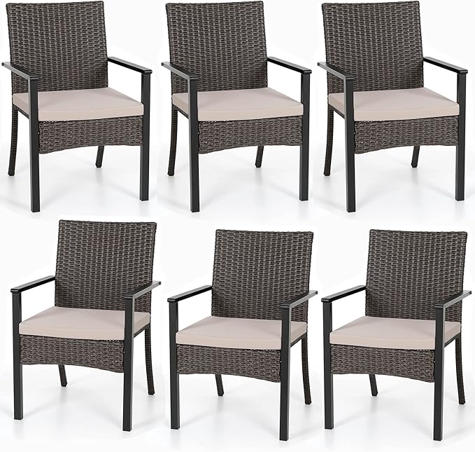 PHI VILLA Outdoor Wicker Chairs Set of 6, Rattan Covered Metal Armchairs by PHIVILLAThepioneerofcomfortablehouseholdsupplies