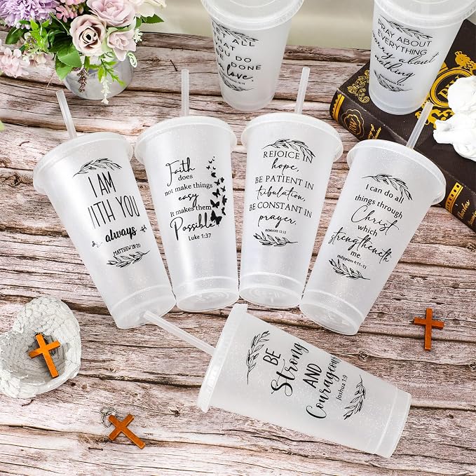 Havawish 12 Pcs Mothers Day Christian Tumbler Gift Bulk Religious Inspirational 24 oz Drinking Jesus Cup with Lid Straw Bible Verse Plastic Cup for Church Father Teacher First Communion (Clear) - Image 4