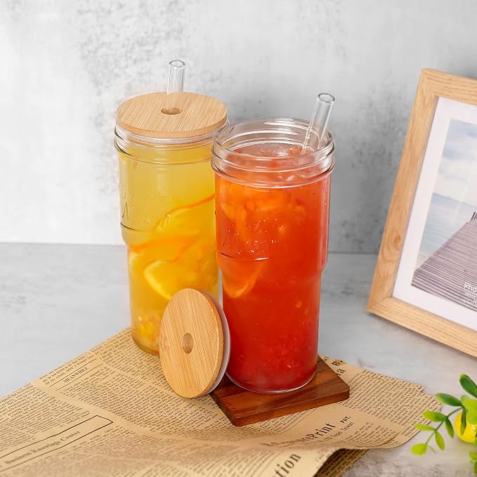 ANOTION Glass Cups with Lids and Straws 2 Packs, 24oz Travel Coffee Mug Wide Mouth Bamboo Mason Jar Iced Coffee Cup Smoothie Cup Glass Tumbler Tea Cup Clear Cute Water Cups Drinking Jars Glasses - Image 7