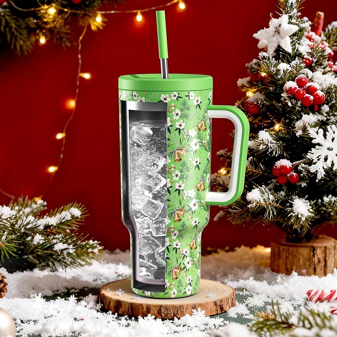 Meoky 40 oz Christmas Tumbler with Handle and Straw, Xmas Tumbler with Lid and Straw, Insulated Stainless Steel Travel Mug, Christmas Gifts for Women Men Adults (Jingle Bloom) - Image 2