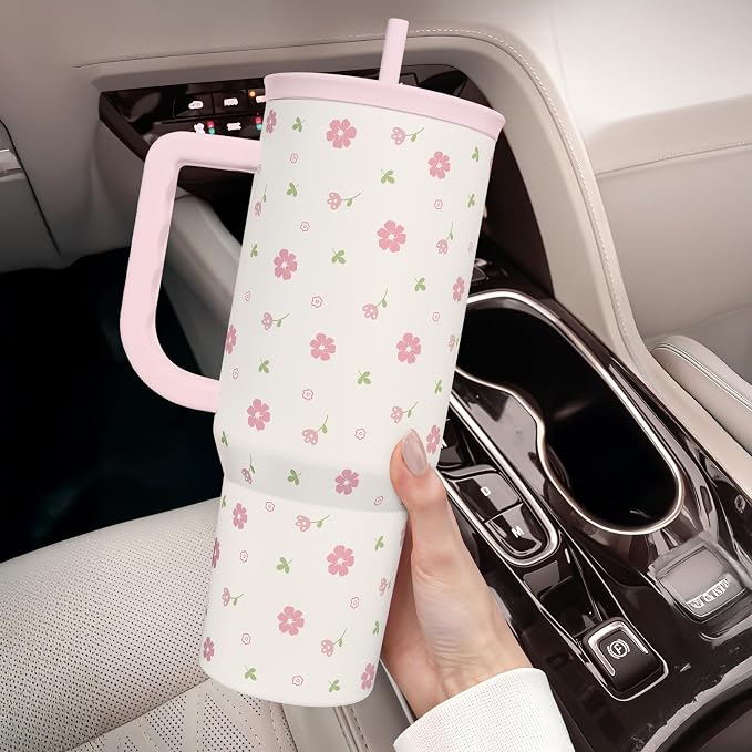 Floral 40oz Tumbler with Handle and Straw – Flowers Insulated Stainless Steel Travel Coffee Mug for Women Girls - Gift Idea for Birthday Christmas Mothers Day - Image 6