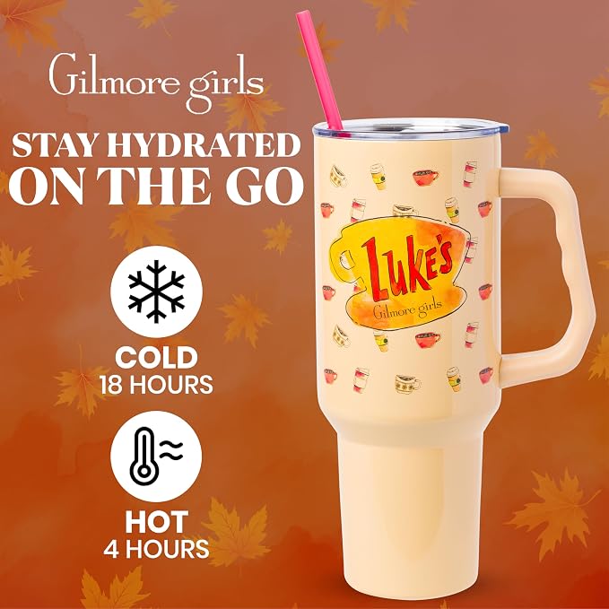 Silver Buffalo Gilmore Girls Luke's Diner Double Walled Stainless Steel Tumbler with Handle and Straw, Fits in Standard Cup Holder, 40 Ounces - Image 2