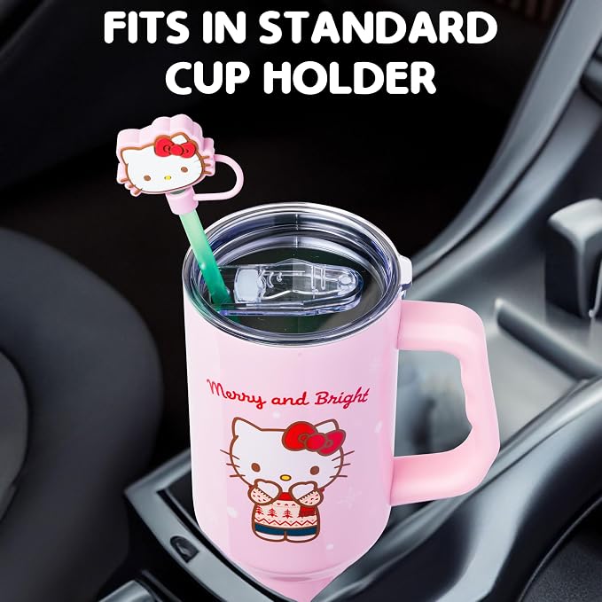 Silver Buffalo Sanrio Hello Kitty Christmas Holiday Sweater Merry and Bright Double Walled Stainless Steel Tumbler with Handle, Straw, and Straw Cap, Fits in Standard Cup Holder, 40 Ounces - Image 6