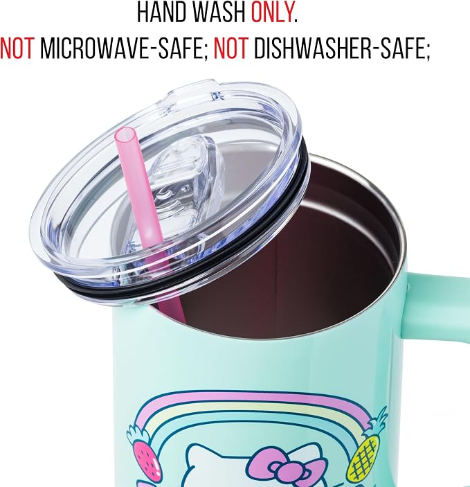 Silver Buffalo Sanrio Hello Kitty Kawaii Strawberry, Pineapple, and Rainbows Double Walled Stainless Steel Tumbler with Handle and Straw, Fits in Standard Cup Holder, 40 Ounces - Image 4