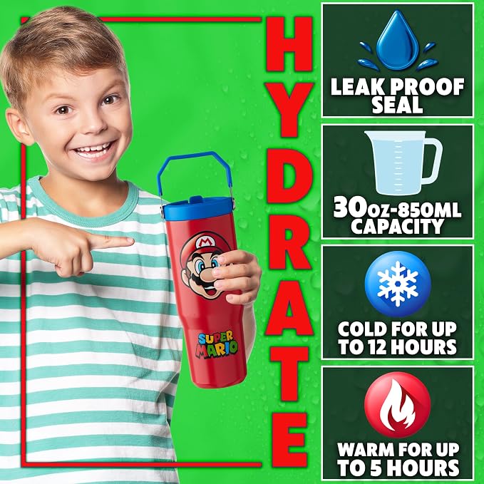 Get Trend Super Mario Tumbler Stainless Steel with Straw 30oz Kids Teens Insulated Cup with Lid Travel Mug Cups for School Sports Gifts for Kids (Red Super Mario) - Image 2