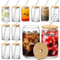 [ 12pcs Set ] Glass Cups with Bamboo Lids and Glass Straw - Beer Shaped Drinking Glasses, 16 oz Iced Coffee Glasses, Cute Tumbler Cup for Smoothie, Boba Tea, Whiskey, Water - 4 Cleaning Brushes by VITEVER