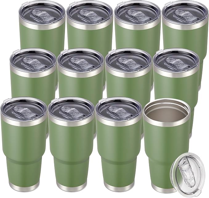 30 oz Tumbler with Lid Stainless Steel Tumblers Bulk Vacuum Insulated Cup Reusable Powder Coated Travel Mug Double Wall Leak Proof Cups Keep Cold Drinks for 12 Hours Army Green, Set of 12 by CoolYoleb