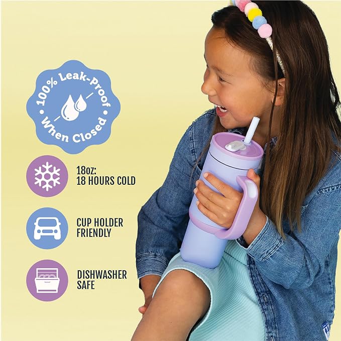 Ello Oasis 18oz Kids Tumbler with Handle & Retracting Straw, 100% Leakproof Reusable Insulated Stainless Steel Cup, Gifts for Teens Girls Boys, Keeps cold for 18 Hours, Cup Holder Friendly, Lavender - Image 3