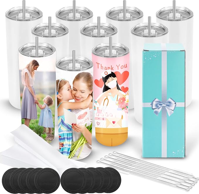 D·S 10 Pack Sublimation Tumblers Bulk 20 oz Skinny Straight Flat Bottom Blank Tumbler Cups with Individual Gift Boxed for Heat Transfer DIY Craft by D%C2%B7STUMBLER