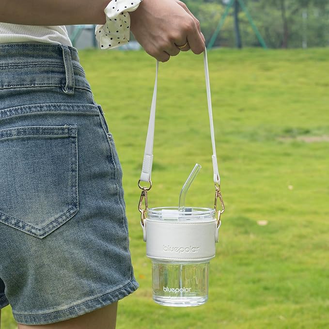 BLUEPOLAR 13oz/400ml Glass Water Tumbler with Straw and Lid Sealed Carry on Thick Wall Iced Coffee Cup for Water, Iced Tea, Fruit Juice (White with Sleeve and Strap) - Image 2