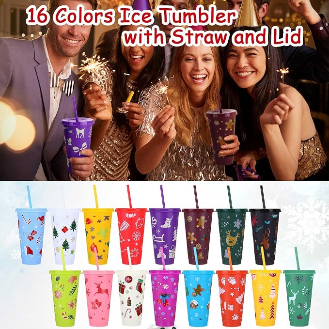 Honeydak 50 Pcs 24oz Christmas Cup Bulk Gift Tumbler with Straw and Lid Coffee Cups with Lids Holiday Gifts Bulk Reusable Plastic Water Bottle Iced Coffee Travel Mug for Party Birthdays - Image 3