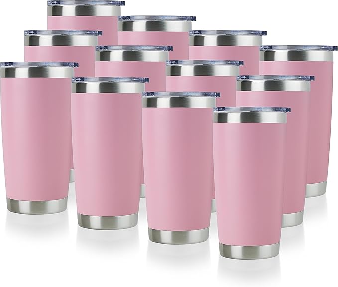 DOMICARE 20oz Stainless Steel Tumbler Bulk with Lid, Double Wall Vacuum Insulated Travel Mug, Powder Coated Coffee Cup,Pink, 12 Pack by VisittheDOMICARE