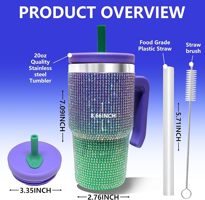 2PCS 20-OZ Insulated Water Bottle,Insulated Stainless Steel Tumbler,Reusable Cold Drink Thermos,BPA-Free, Double-Wall Stainless Steel Water Bottle (Purple Green Gradient-Diamonds, 20, Fluid Ounces) - Image 2