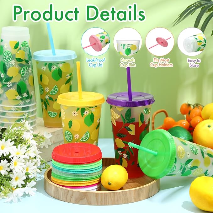 Honeydak 24 oz Lemon Tumbler with Straw and Lid Gifts Reusable Plastic Cups Bulk Water Bottle Iced Coffee Travel Mug Cup for Birthday Party - Image 2