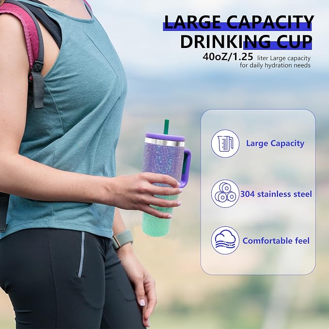 40-OZ Insulated Water Bottle,Insulated Stainless Steel Tumbler,Reusable Cold Drink Thermos,BPA-Free, Double-Wall Stainless Steel Water Bottle (Purple Green Gradient-Diamond, 40, Fluid Ounces) - Image 4