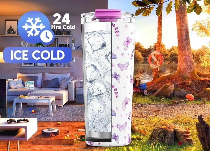 Meoky 24 oz Travel Coffee Mug with Leak-proof Lid, Stainless Steel Insulated Coffee Tumbler, Keeps Hot for 8 Hours or Cold for 24 Hours, Fits in Car Cup Holder (Lavender Butterfly) - Image 4