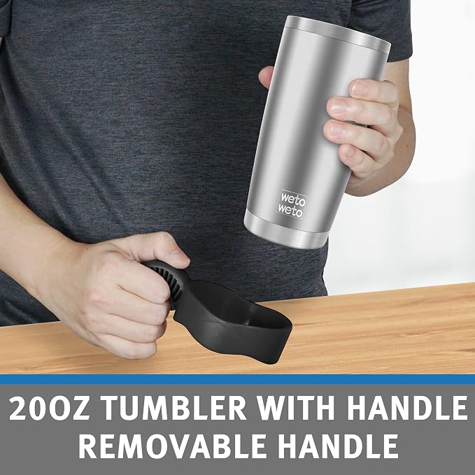 WETOWETO 20oz Tumbler with 2 lids and 2 straws, Stainless Steel Vacuum Insulated Water Coffee Tumbler with Handle, Double Wall Powder Coated Travel Mug Thermal Cup (Stainless, 1 Pack) - Image 4