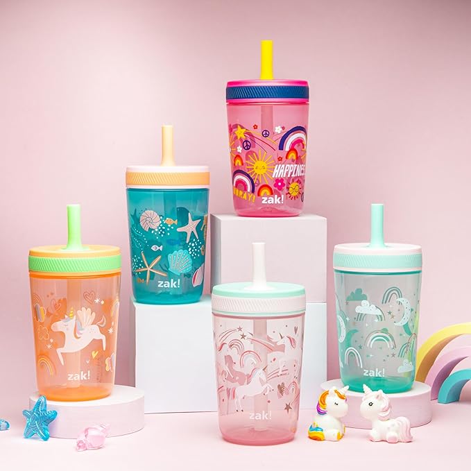 Zak Designs Kelso Toddler Cups For Travel or At Home, 15oz 2-Pack Durable Plastic Sippy Cups With Leak-Proof Design is Perfect For Kids (Fanciful Unicorn, Happy Skies) - Image 3