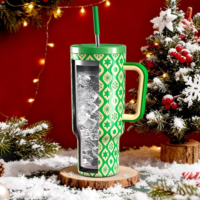 Meoky 40 oz Christmas Tumbler with Handle and Straw, Xmas Tumbler with Lid and Straw, Insulated Stainless Steel Travel Mug, Christmas Gifts for Women Men Adults (Emerald Cheer) - Image 2