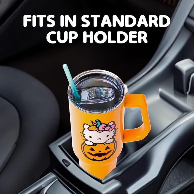 Silver Buffalo Sanrio Hello Kitty Halloween Jack-O-Lantern Double Walled Stainless Steel Tumbler with Handle and Straw, Fits in Standard Cup Holder, 40 Ounces - Image 6